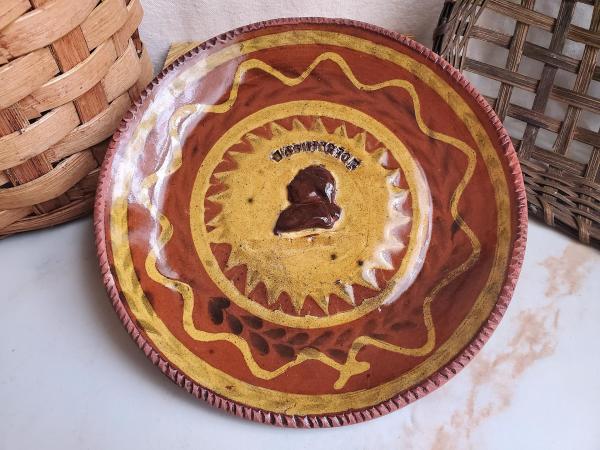 Redware 9 in. Plate, One-of-a-Kind Applied Washington Portrait