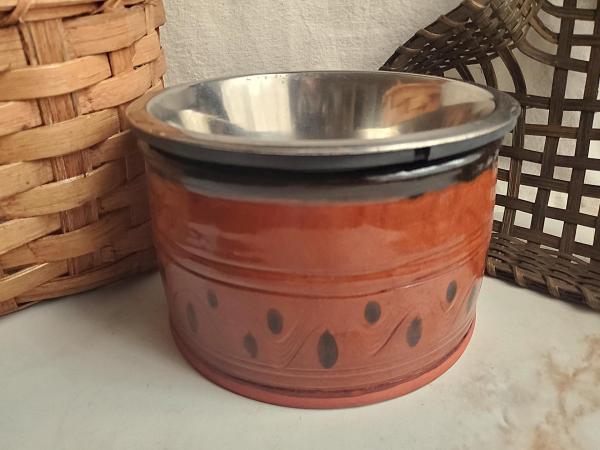 Large Redware Pet Food Bowl with Stainless Steel Insert, Black Splotches