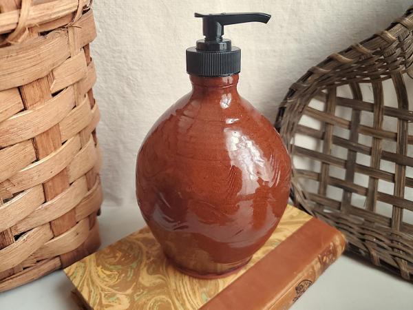 Redware Soap Dispenser, Antiqued, Incised Pattern