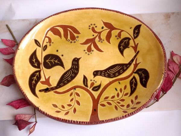 Custom Order Kulina Folk Art Redware Oval Platter, Bird Eating Berries Motif