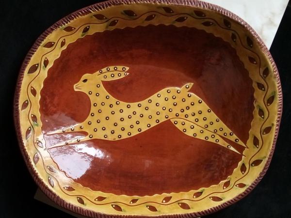 Custom Order Kulina Folk Art Redware Trencher with Leaping Hare Motif