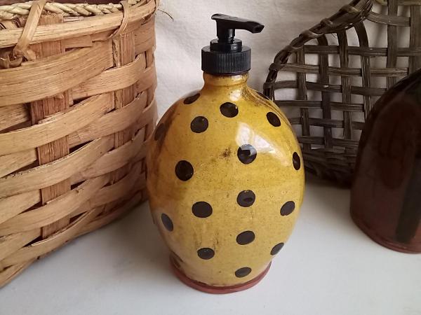 Redware Soap or Lotion Dispenser Bottle, Large Size with Black Dots