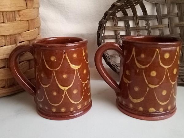 Redware Mugs (2), One-of-a-Kind Slipware Pattern. Antiqued