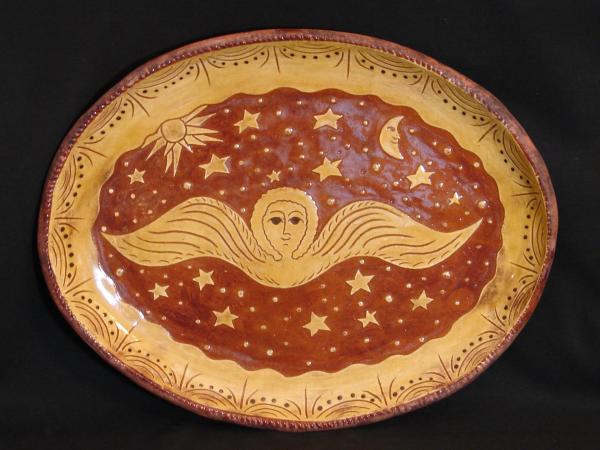 Custom Order Kulina Folk Art Redware Oval Platter | Angel with Moon & Sun Sgraffito Motif