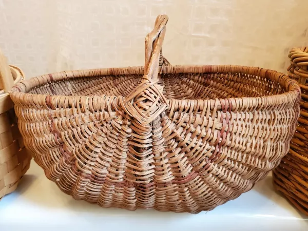Large Antique Primitive Ash Splint Melon Basket, Egg Basket