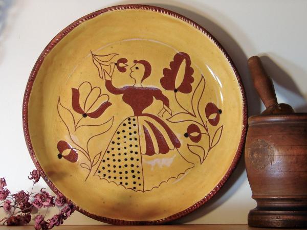 Custom Order Redware Large Platter, Lady with Tulip Motif