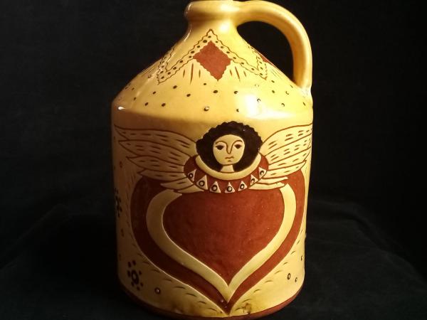 Redware Table Lamp with Sgraffito Angel with Wings Motif by Kulina Folk Art