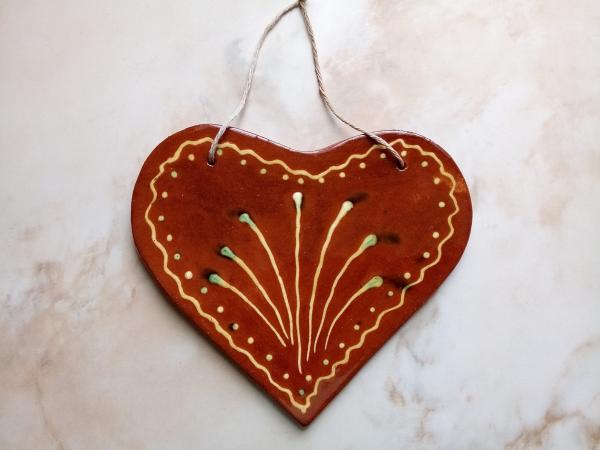 Redware Heart Tile with White Slip Decoration and Green Accents