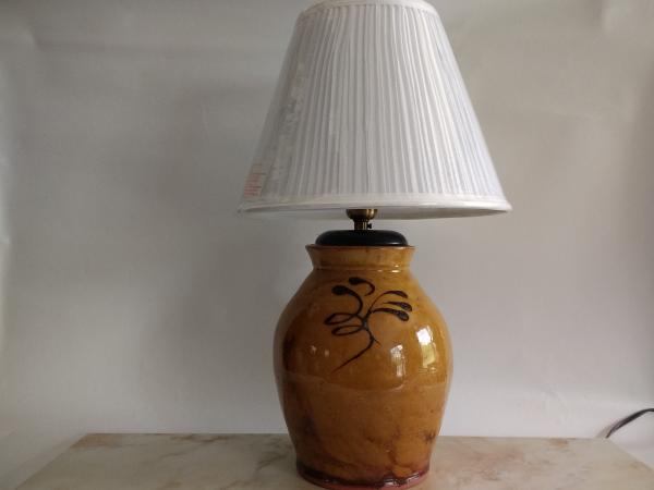 Redware Table Lamp with Lampshade (Optional) and Black Feather Motif