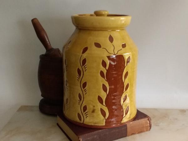 Redware Jar with Sgraffito Leaf Pattern and Lead Free Glaze