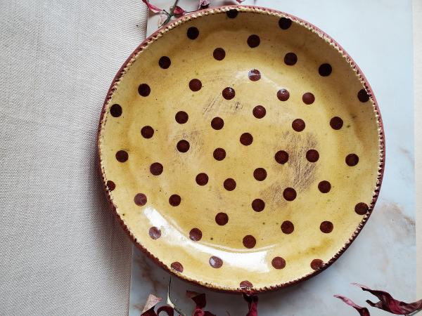 Redware 11 in Plate Slip Decorated with Brown Dots Decoration