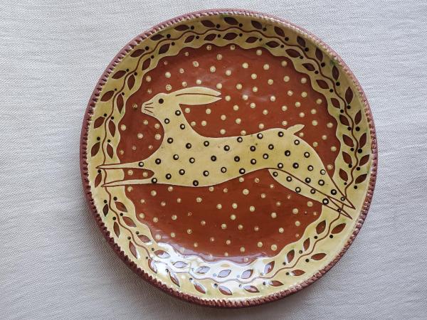 Redware 11 inch Plate with Leaping Hare Sgraffito Motif
