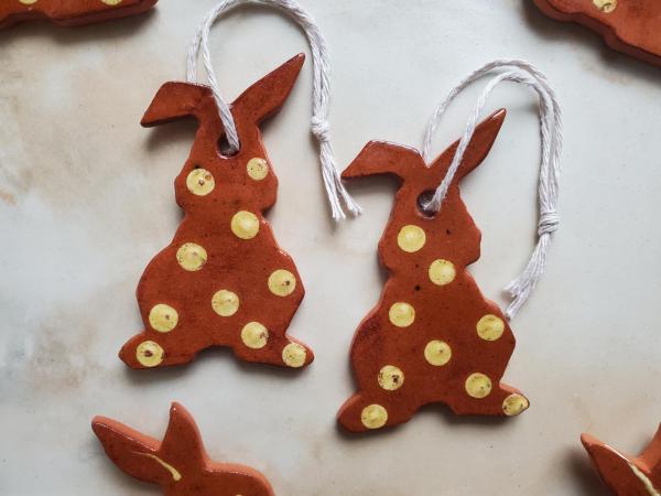 Redware Bunny Ornaments with Yellow Polka Dots 