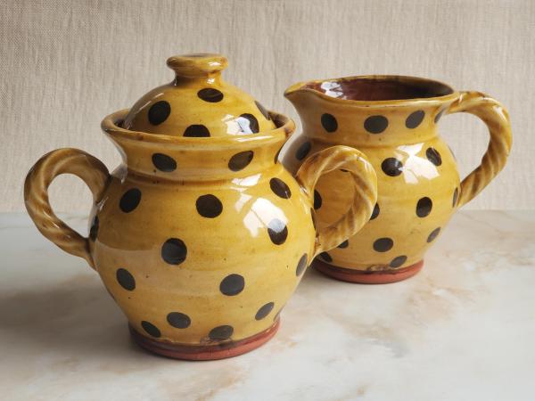 Redware Jar with Rope Handles and Black Polka Dots
