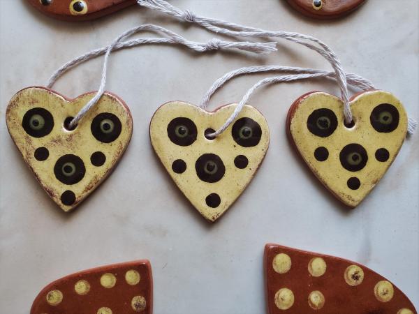 Redware Mini Heart Ornaments with Green and Black Dots