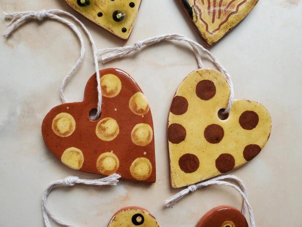 Redware Heart Ornaments with White & Brown Polka Dots