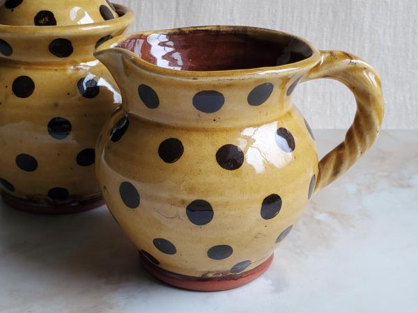 Redware Pitcher with Rope Handle and Black Polka Dots