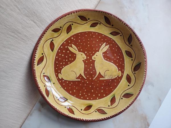 Redware 11 inch Plate with Two Rabbits Sgraffito Motif