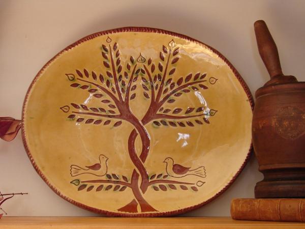 Custom Order Kulina Folk Art Redware Oval Platter, Doves and Trees Sgraffito Motif