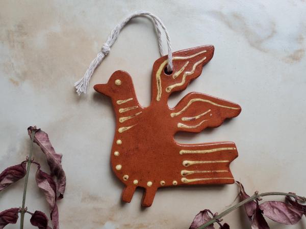 Redware Primitive Bird Ornament with Yellow Slip Decoration