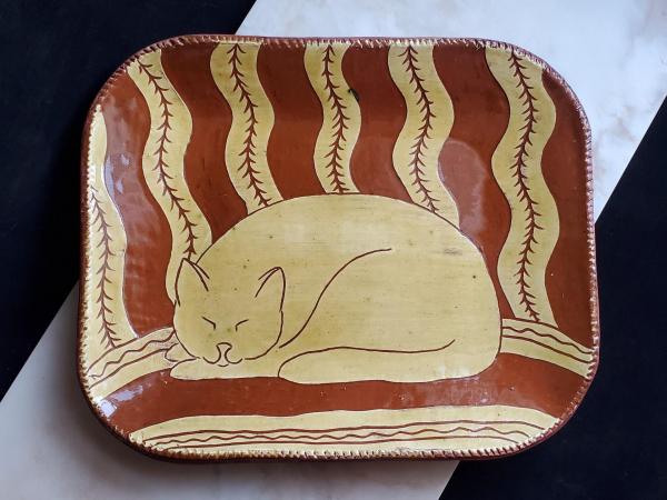 Custom Order Kulina Folk Art Redware Platter with Sleeping Cat Motif