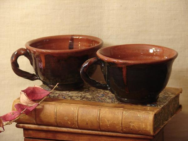 Redware Cups with Rope Handles and Black Glaze